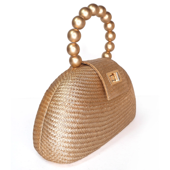 Gold Straw Clutch w/ Gold Bead Handle - Image 2