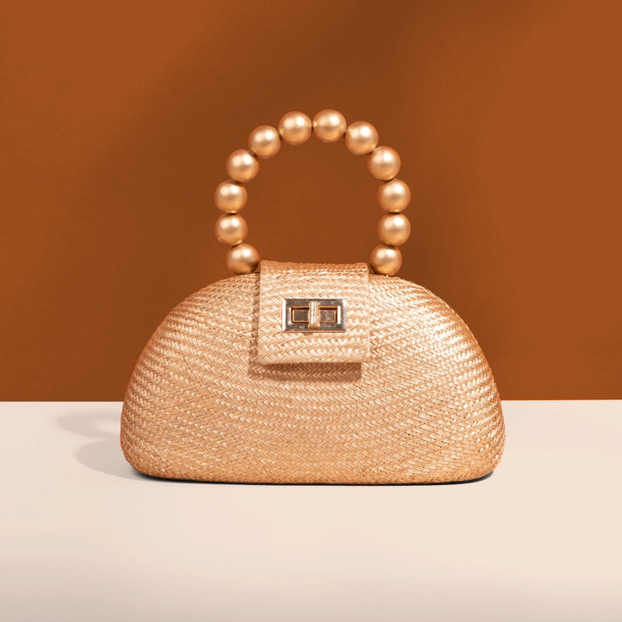 Gold Straw Clutch w/ Gold Bead Handle - Image 3