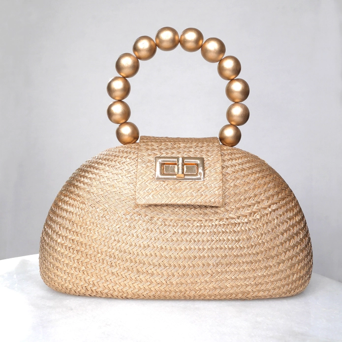 Gold Straw Clutch w/ Gold Bead Handle - Image 4