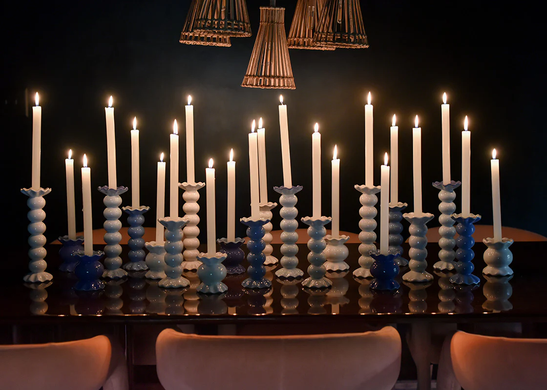 Iris Blue Small Ruffle Knob Candleholder- Pair - Image 6